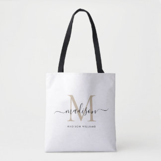 Trendy Black Gold Monogram Initial Script Name Tot Tote Bag
