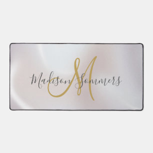 Trendy Black Gold Monogram Pearlescent Iridescent Desk Mat