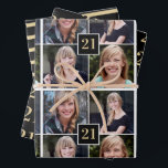 Trendy Black Gold Photo Collage 21st Birthday  Wrapping Paper Sheet<br><div class="desc">This modern photo collage has space for FOUR square photographs and can be personalised with any age!

The photographs are for illustrative purposes and can be changed to your own.</div>