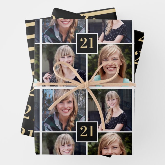 Trendy Black Gold Photo Collage 21st Birthday  Wrapping Paper Sheet (In situ)