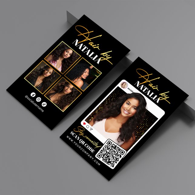 Trendy Black Gold Sparkle Photo Hairstylist Business Card (Creator Uploaded)