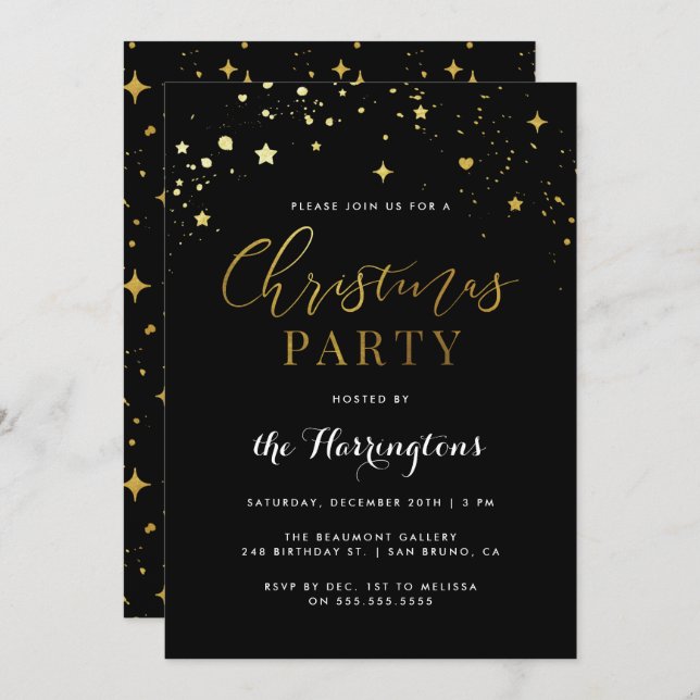 Trendy Black & Gold Star Confetti Christmas Party Invitation (Front/Back)