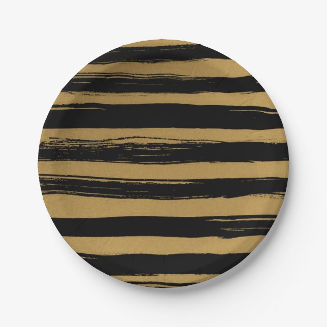 Trendy Black & Gold Striped Paper Plate (Front)