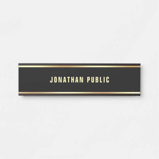 Trendy Black Gold Text Name Clean Template Elegant Door Sign (Front)