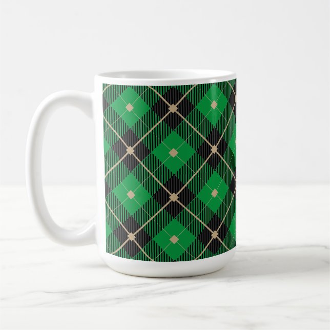 Trendy Black Green Plaid Pattern Coffee Mug (Left)