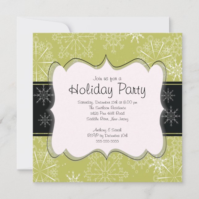 Trendy Black & Green Snowflakes Holiday Party Invitation (Front)