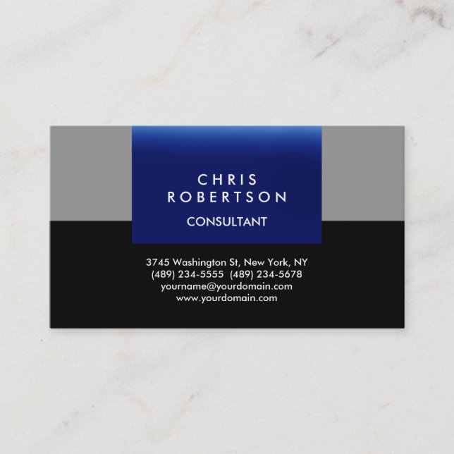 Trendy Black Grey Blue Stripes Business Card (Front)