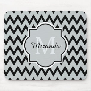 Trendy Black Grey Chevron Zigzag Name and Monogram Mouse Mat