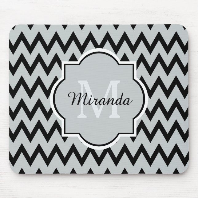 Trendy Black Grey Chevron Zigzag Name and Monogram Mouse Mat (Front)