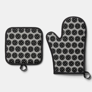 Trendy Black Grey Pickleballs Oven Mitt & Pot Holder Set