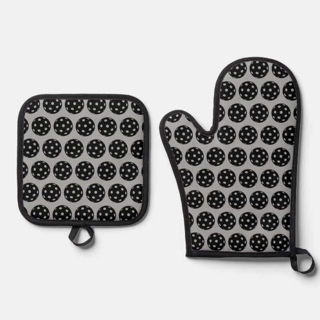 Trendy Black Grey Pickleballs  Oven Mitt & Pot Holder Set (Front)