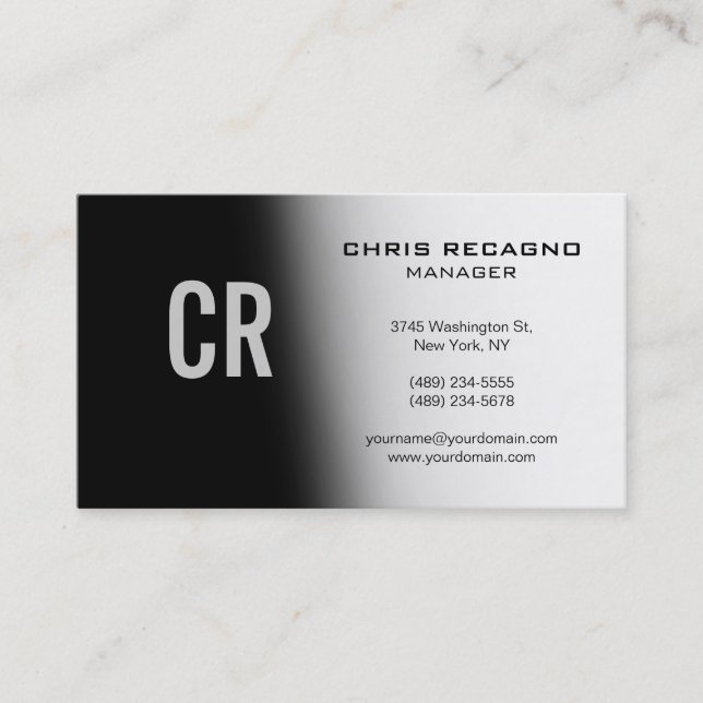 Trendy Black Grey White Monogram Business Card (Front)