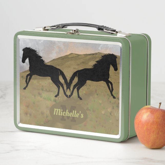Trendy Black Horses Monogram Metal Lunch Box (In Situ)