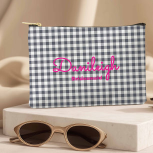 Trendy Black + Hot Pink Chequered Bridesmaid Accessory Pouch