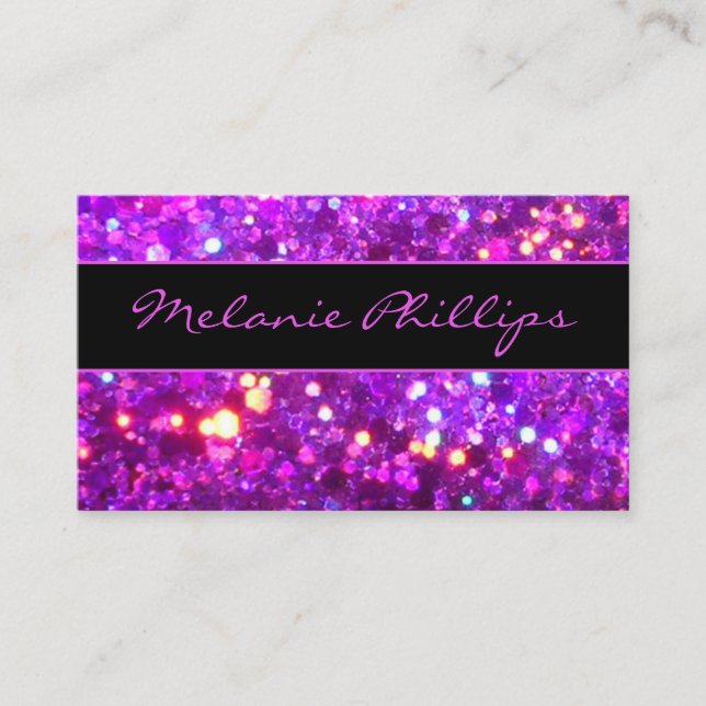 Trendy Black & Lavender Pink Chunky Glitter Business Card (Front)
