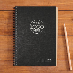 Trendy Black Leather Modern Logo Weekly Planner