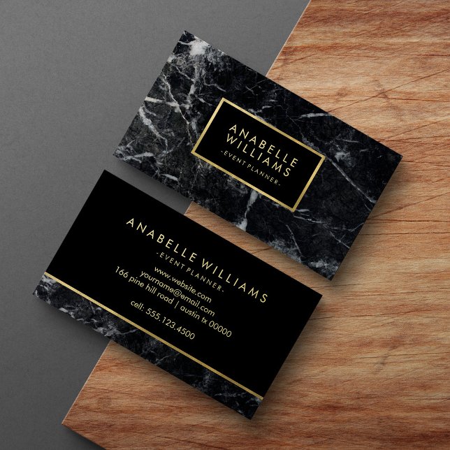 Trendy Black Marble and Printed Gold Texture Business Card (Creator Uploaded)