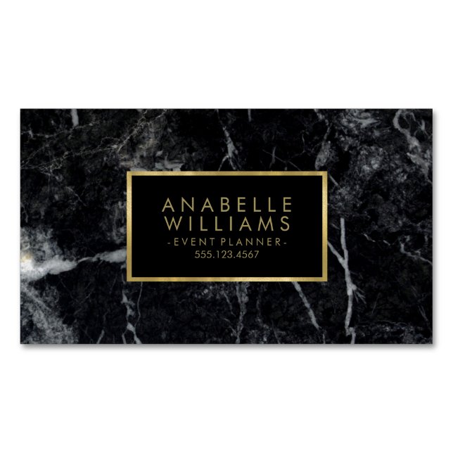 Trendy Black Marble and Printed Gold Texture Magnetic Business Card (Front)