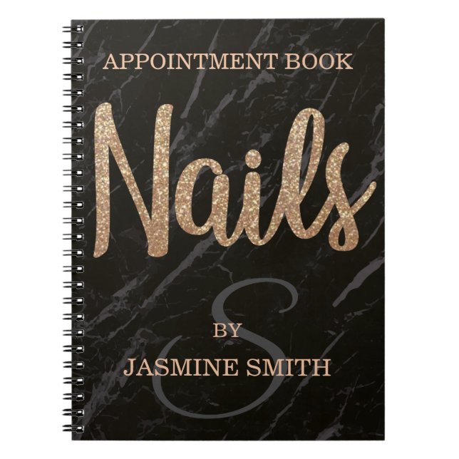 Trendy Black Marble Nails Champagne Glitter Notebook (Front)