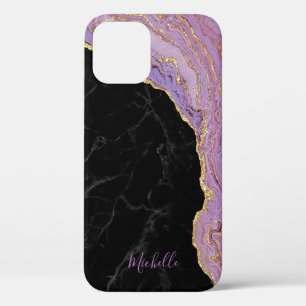 Trendy Black Marble Purple & Gold Agate with Name iPhone 12 Case