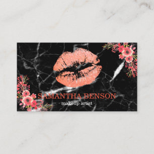Trendy Black Marble Rose Gold Lips Makeup Artist Business Card