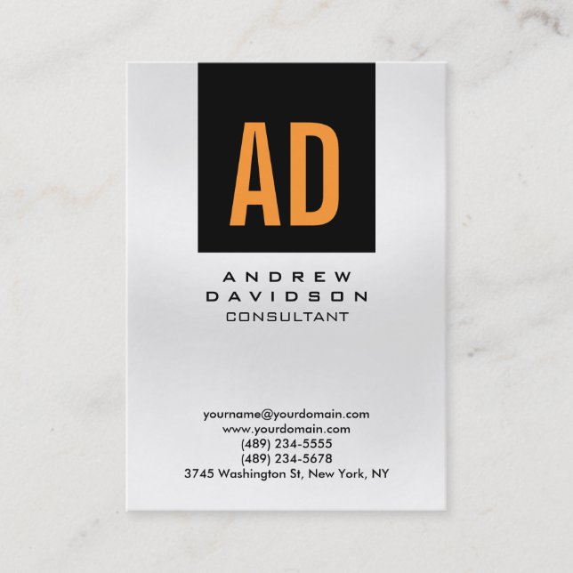 Trendy Black Orange Grey Monogram Business Card (Front)