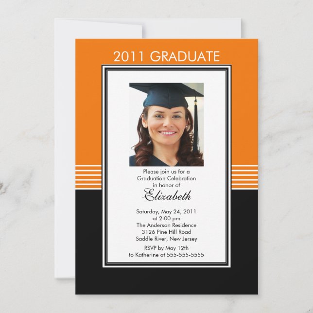 Trendy Black & Orange Photo Graduation Invitation (Front)