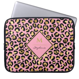 Trendy Black Pink and Gold Leopard Print Monogram Laptop Sleeve