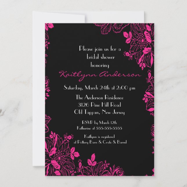 Trendy Black & Pink Floral Bridal Shower Invite (Front)