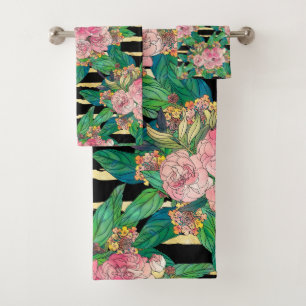 Trendy Black Pink flowers Gold Stripes Botanical Bath Towel Set