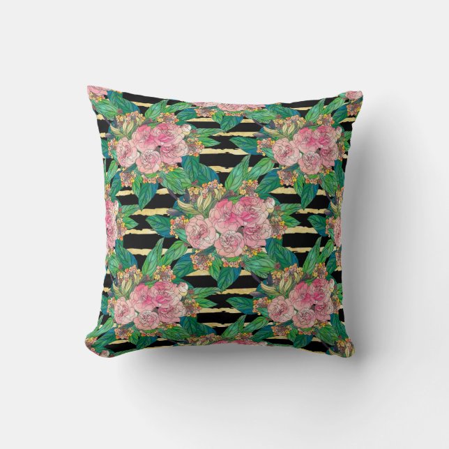 Trendy Black Pink flowers Gold Stripes Botanical Cushion (Front)