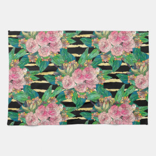 Trendy Black Pink flowers Gold Stripes Botanical Tea Towel