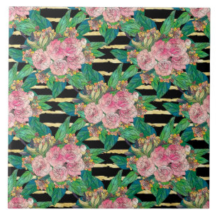 Trendy Black Pink flowers Gold Stripes Botanical Tile