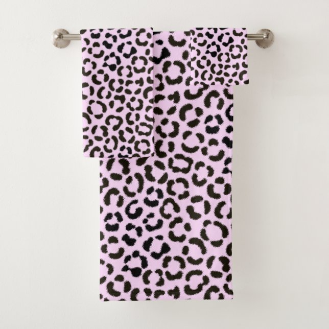 Trendy Black & Pink Leopard Fur Effect Pattern Bath Towel Set (Insitu)