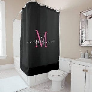 Trendy Black Pink Monogram Feminine Script Name Shower Curtain