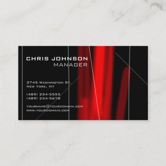 Trendy Black Red Charming Manager Business Card (Front)