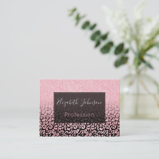Trendy Black Rose Gold Glitter Leopard Ombre Business Card (Standing Front)