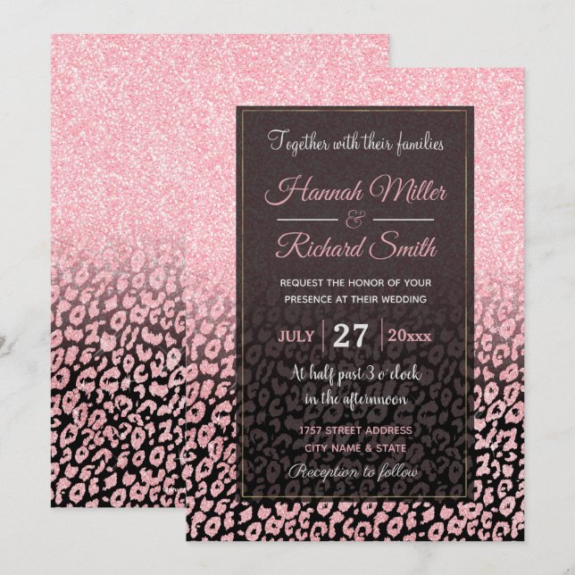 Trendy Black Rose Gold Glitter Leopard Ombre Invitation (Front/Back)