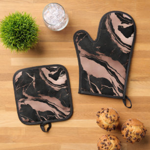 Trendy Black Rose Gold Marble Oven Mitt & Pot Holder Set