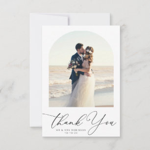trendy black script arch wedding photo thank you card