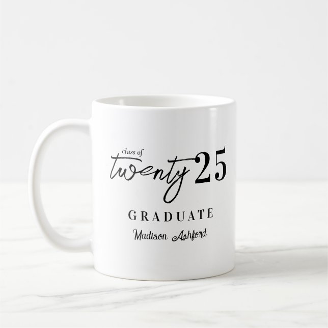 Trendy Black Script Typography 2025 Graduation Coffee Mug (Left)