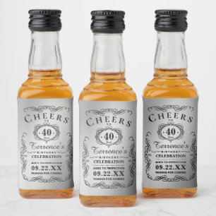 Trendy Black & Silver Typography Birthday Party Liquor Bottle Label