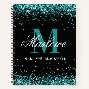 Trendy Black Teal Monogram Glitter Notebook