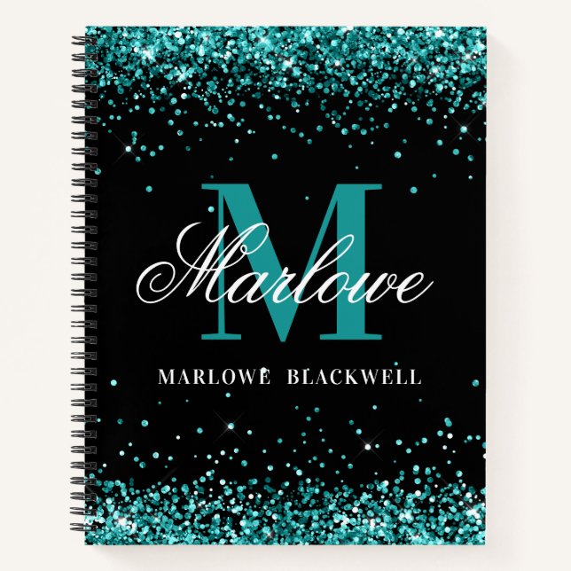 Trendy Black Teal Monogram Glitter Notebook (Front)