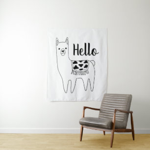 Trendy Black & White Aztec Llama Hello Tapestry