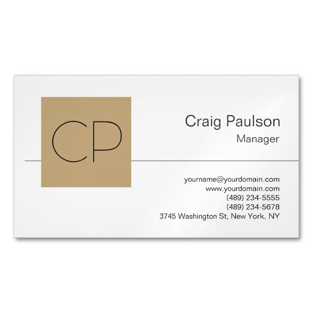Trendy Black White Beige Monogram Magnetic Business Card (Front)