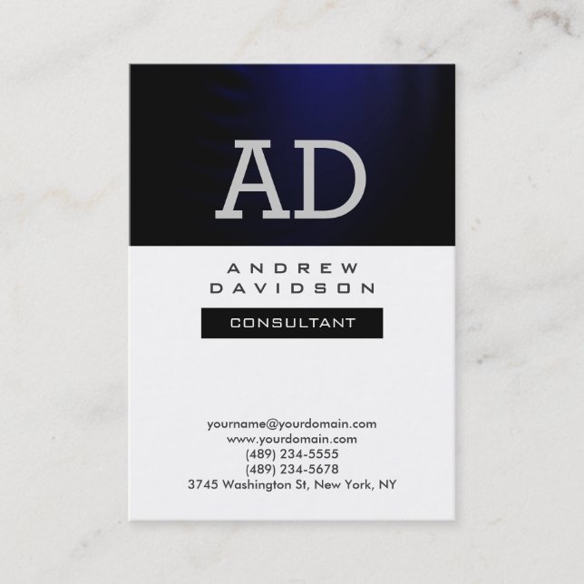 Trendy Black White Blue Monogram Business Card (Front)