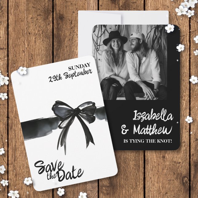 Trendy Black White Bow Modern Simple Wedding Save The Date (Trendy Black White Bow Modern Simple Wedding Save The Date tying the knot elegant watercolor picture)