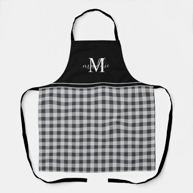 Trendy Black & White Buffalo Plaid Monogrammed Apron (Front)