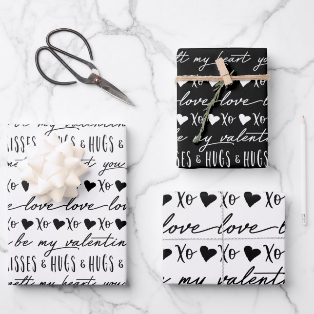 Trendy Black & White Calligraphy Be My Valentine Wrapping Paper Sheet (Front)